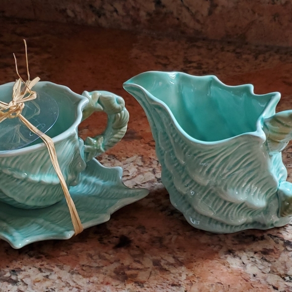 Blue Sky Clayworks Aqua Seashell Figural Teacup&Saucer and Creamer 3 Piece Set - Picture 4 of 8